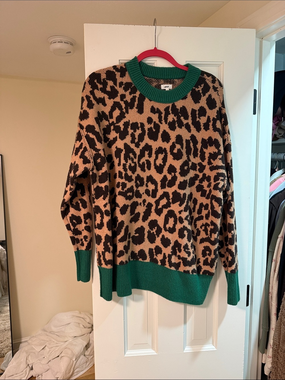 aerie Leopard Print Crewneck Sweater with Green Trim
